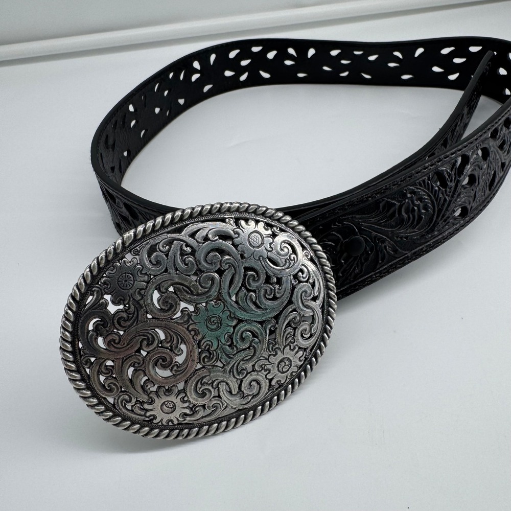 Tony Lama Size 34 Ornate Silver Scroll Buckle Black Cutout Western Belt